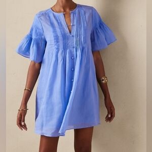 Banana Republic Petite Blue Flutter Sleeve Button-Up Ramie Pintuck Mini Dress M